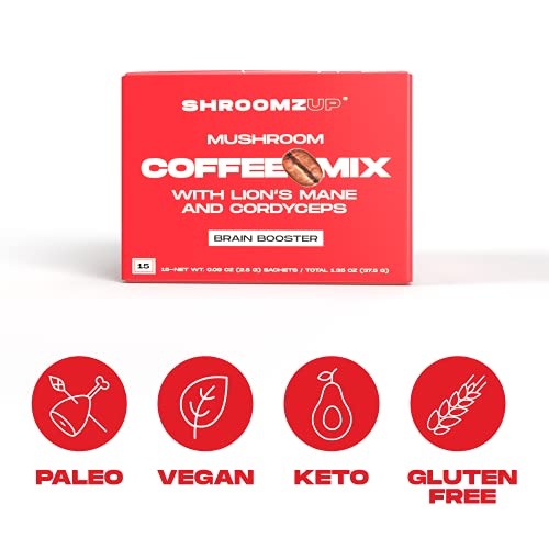 Shroomzup Mushroom Coffee Instant (15 Pack) - Lion's Mane And Cordyceps - Superfood Coffee For Keto, Vegan, Paleo - Arabica And Robusta Instant Coffee Packets Ground Powder Brain Focus, Productivity #TOP5