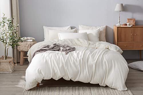DAPU 55% French Linen 45% Cotton Duvet Cover with 2 Pillowcases, 3 Piece Ultra Soft Breathable Bedding Comforter Cover Sets with Button Closure (Ivory/Linen Cotton, Full/Queen)
