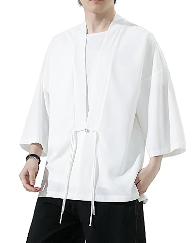 Image of Mens Kimono Cardigan Cotton Linen Japanese Shirt 3 /4 Sleeve Haori Yukata | Skin-Friendly Solid Color Lightweight Shawl Collar Kimono Robe Embroidery Button Tie Pockets Happi Coat All Season Daily Wear
