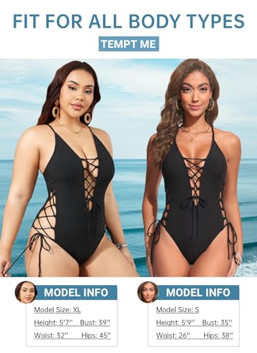 Image of Tempt Me Women Sexy Lace Up One Piece Swimsuit Deep Plunge V Neck High Cut Bathing Suits