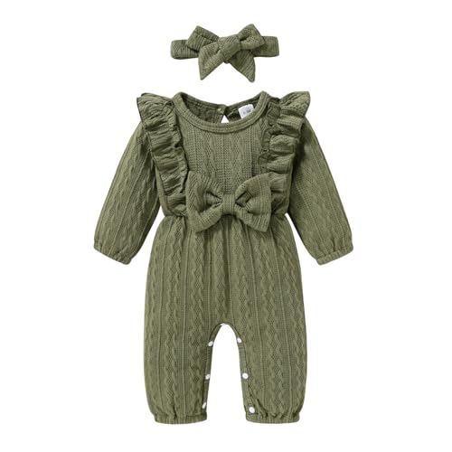 Image of Happy Town Baby Girl Romper Infant Fall Winter Clothes Ruffle Sweater Long Sleeve Bodysuit Jumpsuit and Headband