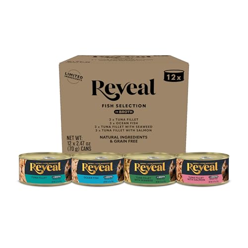 Reveal Fish Variety Pack Wet Cat Food in Broth 12-Pack 4-Flavor Protein Limited Ingredient Grain Free Canned Cat Food No Fillers No By-Products (12 x 2.47 oz Cans)
