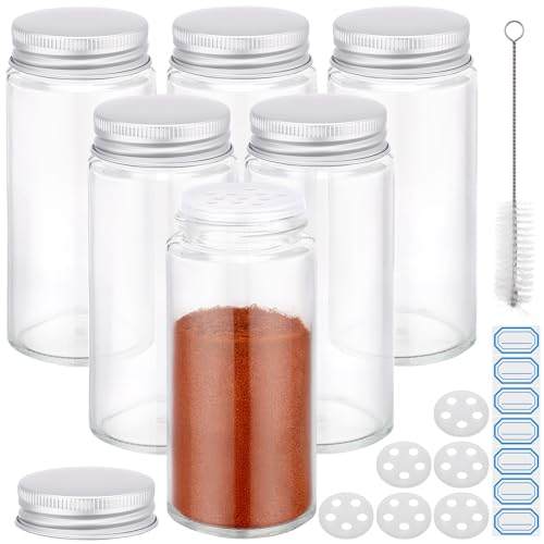 Segarty 4oz Spices Jars with Silver Aluminum Lid, 6PCS 120ml Round Spice Containers, Empty Glass Seasoning Organizer for Sugar Herb Cereals Storage, Salt and Pepper Bottles with 7 Stickers and 1 Brush