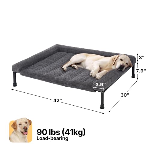 Veehoo Hundeliege Outdoor XL Waschbar, Flauschiges Hundeliege mit Abnehmbarem Polster, Erhöhtes Hundebett Hundesofa mit Rutschfesten Füßen für Drinnen Draußen, Grau 106 x 76 x 20 cm