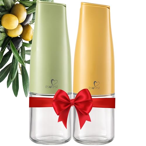 itsufirst® Olive Oil and Vinegar Dispenser Set – 2x500ml Glass Pourer Bottles, Auto Flip, Non-Spill Drizzlers, Leak-Proof Oil Bottles for Kitchen Cooking, Meadow & Sunshine (Green + Yellow) Duo Pack