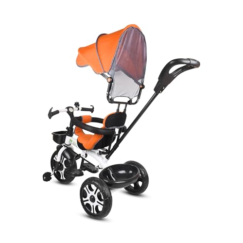 Image of BABY SMILE 4-in-1 Kids Tricycle with Adjustable Canopy, Parent Push Handle, Red and White (Orange)