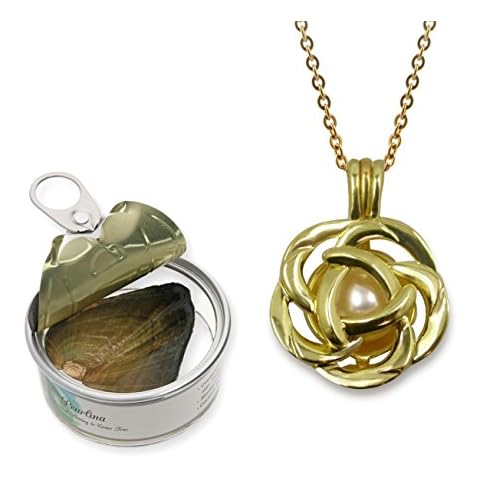 Pearlina Rose Flower Gold Plated Cage Necklace Cultured Pearl in Oyster Set w/Stainless Steel Chain 18" Cover