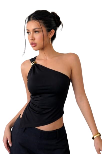 tivante Women's One Shoulder Crop Top, Black, Ruched Asymmetric Cut with Gold Ring Detail-picture-22