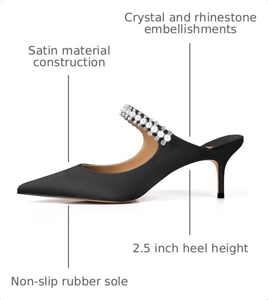 Image of XINIUNIU Heeled Mules for Women Rhinestone Heels Pointed Toe Slip On 2.5 Inch Kitten Stiletto Closed Toe Sandals Dress Wedding Pump Shoes