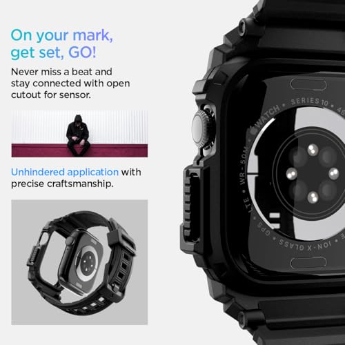 Image of Spigen Rugged Armor Pro for Apple Watch Series 11 46mm Case with Strap Band, Series 10 46mm Protective TPU Cover with Strap - Matte Black