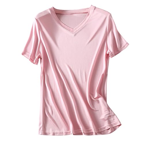 Womens Silk T Shirt Short Sleeve V-Neck Top Undershirt Breathable Mulberry Silk Tee Basic Tops