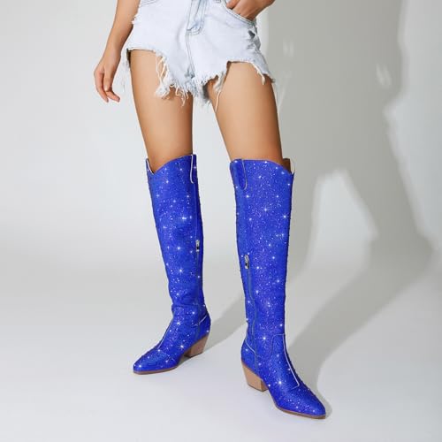 Image of Women Rhinestone Over the Knee Cowboy Boots, Sparkly Bling Cowgirl Boots Western Thigh High Boots Pull-On Side Zippers Chunky Heel Pointed Toe For Concerts, Music Festivals, Parties & Night Out