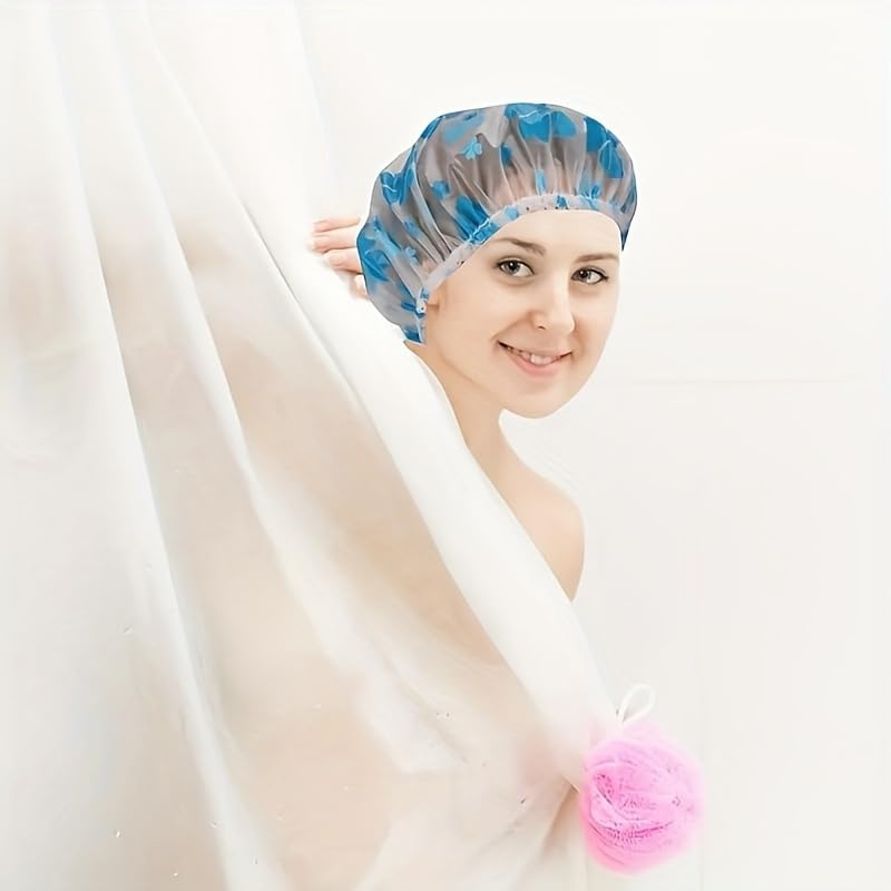 Shower Cap Set, 5 Piece Thickened Elastic Reusable Printed Design, Adjustable Bathroom Accessories image 4