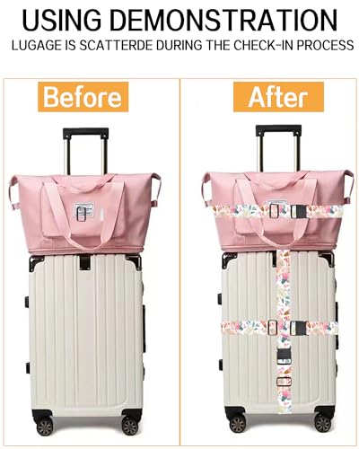 Image of Luggage Straps for Suitcases, Adjustable Travel Belt, Durable Wide Luggage Strap, Cute Suitcase Strap Identifiers with Buckle, Bag Straps for Luggage, Cute Pink Flowers
