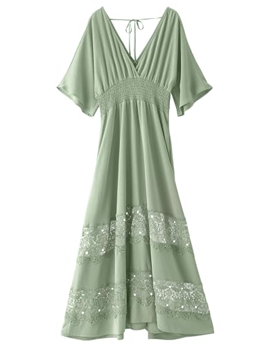 Image of Olaesa Boho Maxi Dress V Neck Short Sleeve Lace Smocked Waist Flowy Dress | Wedding Guest Dress with Pockets, Summer Bohemian Vacation Dress, Elegant Party Dress for Family photo& Baby Shower