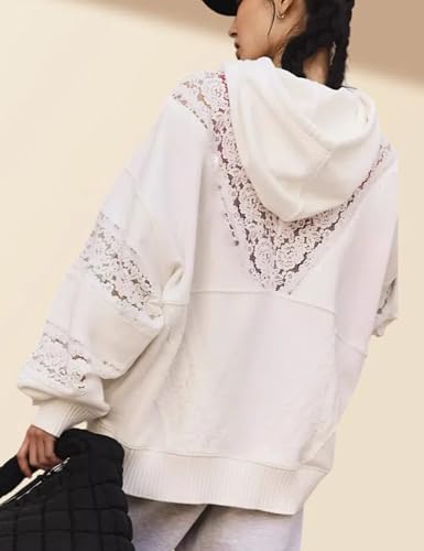 Women’s Fall Patchwork Lace Hoodie,Long Sleeve Ruffle Trim Sweatshirt with Kangaroo Pocket3