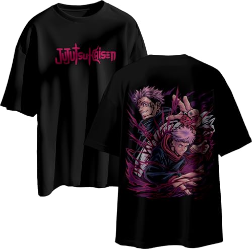 Image of Jujutsu Kaisen Anime T-Shirt, Black Cotton, Oversized Graphic Print, Unisex. Round Neck gojo satoru Tshirt Black Half Sleeves Pure 100% Cotton