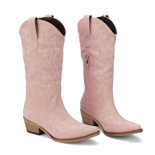 Women's Cowboy Boots Pink Wide Calf Boots Western Cowgirl Boots with Pointy Toe Tall Boots with Chunky Heel Cute Embroidered Long Boots for Concert Outfit4