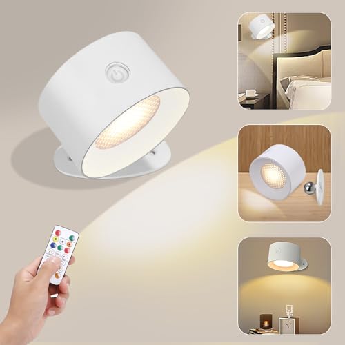 jutyum Luz de Pared de Interior，Lámpara de pared LED，360°Giratorio de Control Táctil Lámparas de Pared Inalámbricas，Lampara Pared Recargable，con Control Remoto，3 Colores y 3 Niveles de Brillo