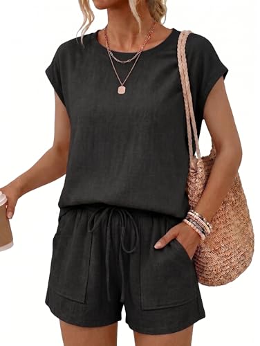 COCCKO Women's 2 Piece Linen Shorts Sets Summer Cap Sleeve Top High Waisted Drawstring Shorts Casual Outfits with Pockets 2026