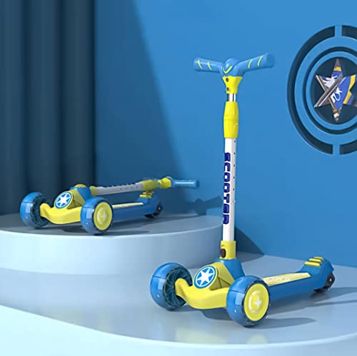 StarAndDaisy Glider Toddler Scooter for Kids Ages 3-12 Years Old Boy Girl with 3 Wheel LED Lights, 6-Level Adjustable Handlebar & Foldable Design & Extra-Wide Deck & Lean-to-Steer (Yellow & Blue)