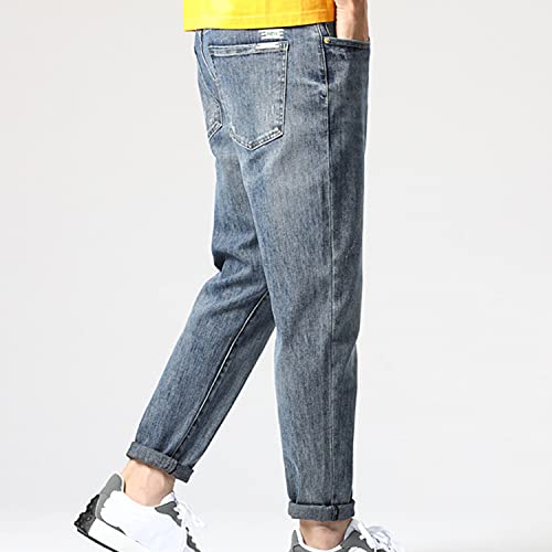 Men's Small Feet Casual Jeans Fashionable Comfy Mid-rise Slim Fit Jean Pants Younger-Looking Straight Denim Trousers (Blue,30)3