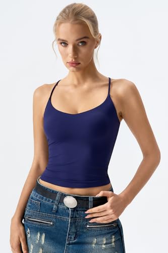 Image of QINSEN Womens Cross Back Tank Top V Neck Double Lined Camisole Top Sleeveless Spaghetti Strap Going Out Tops