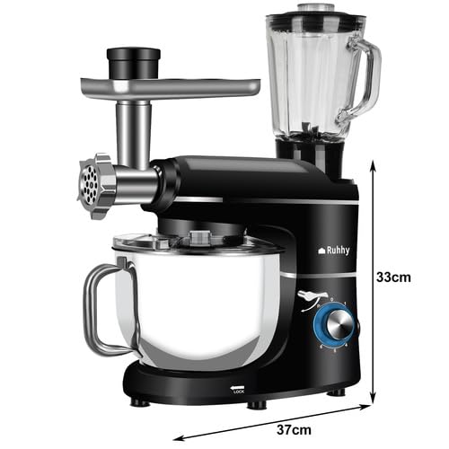 Ruhhy Robot culinaire bol en acier inoxydable 6,2 l, 2200 W - 6 niveaux de vitesse + fonction pulse appareils de cuisine pour gâteaux et pain avec accessoires de cuisson pour les chefs 16747