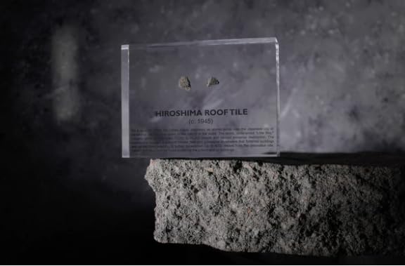 Image of Authentic Hiroshima Tile Artifact Display, Encased in Crystal-Clear Lucite Acrylic, Handmade in the USA, From Hiroshima Site, For Display or Education Purposes, Unique World War II Relic