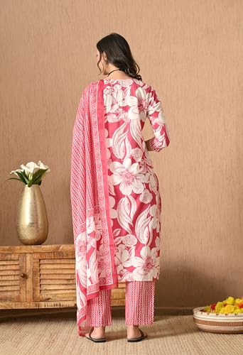 Image of Amazon Brand - Tavasya Women Cotton Anarkali Kurta Pant Dupatta Set | Printed Ethnic Suit Set | Flared Anarkali Kurta with Pant & Dupatta | Festive & Casual Wear