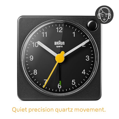 Image of Braun Classic Travel Analogue Alarm Clock with Snooze and Light, Compact Size, Quiet Quartz Movement, Crescendo Beep Alarm in Black, Model BC02XB.