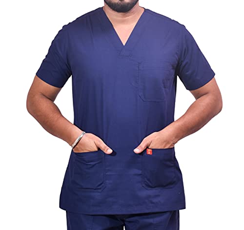Image of UNISEX V-NECK POLYESTER COTTON MEDICAL SCRUB SUIT FOR DOCTORS (TOP AND BOTTOM) TRIPLE NEEDLE STITCH TOP WITH CHEST POCKET, NAVY BLUE, 46-3XL.