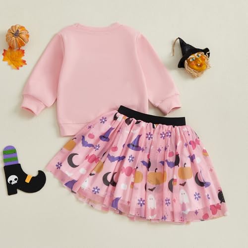 Rtnnsbbfcm Toddler Baby Girl Halloween Outfit Long Sleeve Ghost Letter Embroidery Sweatshirt Top Tulle Skirt 2Pcs Set3