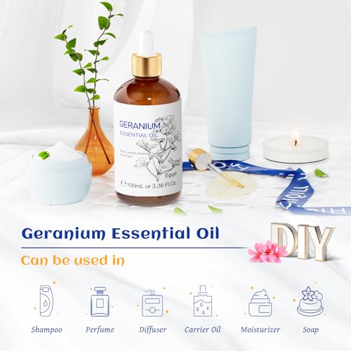 Image of HIQILI 100ML Geranium Essential Oil for Skin, Diffuser & Candle, 100% Pure and Natural - 3.38 Fl Oz