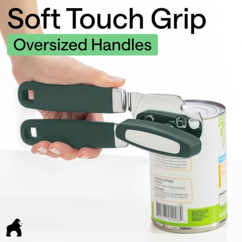 Image of GORILLA GRIP Heavy Duty Stainless Steel Smooth Edge Manual Can Opener and Bottle Openers, Soft Comfortable Handle, Oversized Handheld Turn Knob, US Designed Multifunctional Kitchen Tool, Hunter Green