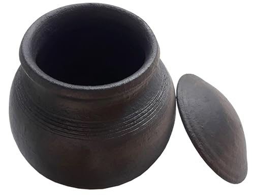 Image of 1.5 litres,Handcrafted Ecofriendly Terracotta Earthen Clay Curd /Dahi /Yoguart /Biryani Clay /Mud Cooking Pot | Dal /Mathani Handi | Mitti Yogurt Bowl for Setting /Serving with Plate,Black