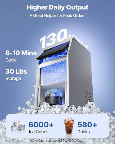 Image of VEVOR Commercial Ice Maker Machine with Pump, 130 lbs /24h with 30 lbs Storage Capacity, Built-in /Freestanding /Under Counter, Stainless Steel Ice Maker with LED Display & Self-Cleaning, for Home Bar