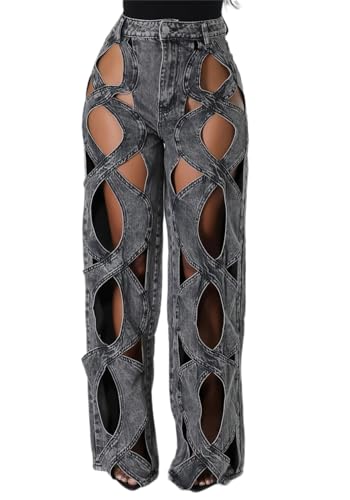 Womens High Waisted Jeans Y2K Trendy Hollow Out Criss Cross Wide Straight Leg Baggy Denim Pants