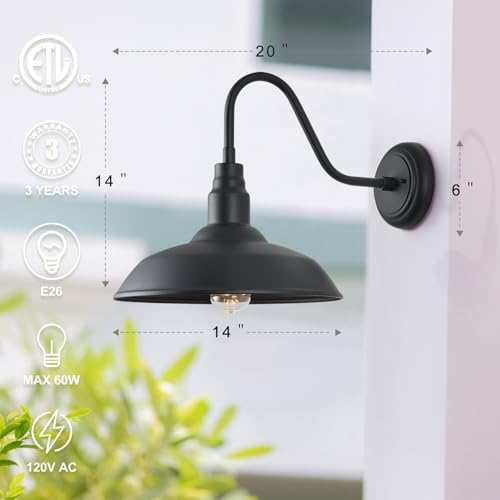 Image of 14 Inch Gooseneck Barn Lighting Outdoor Large Exterior Gooseneck Light Fixtures, Matte Black Farmhouse Barn Lights 2 Pack Outside Goose Neck Deck Wall Sconce for House, Garage