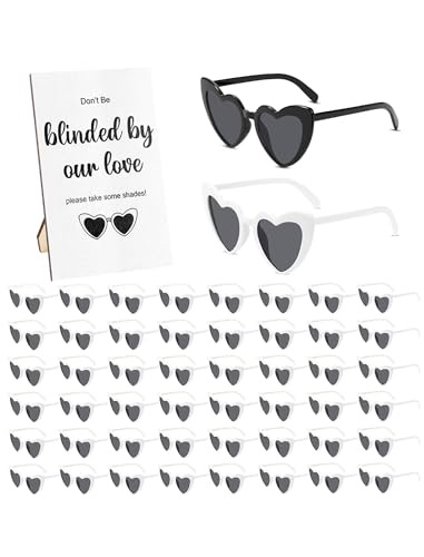 51 Pairs White Heart Shaped Sunglasses Bulk Set, 50 Wedding Sunglasses for Guests and 1 Wooden Signboard, Bridesmaid Sunglasses for Wedding Reception and Bachelorette Favors
