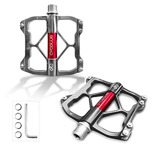 CYCPLUS Bicycle Pedals, 3 Bearings Mountain Bike Road Bike Pedals, Ultralight Aluminum Alloy Bicycle Pedals with Big Platform and 9/16 Inch Axle, Non-Slip Trekking MTB BMX Pedals Silver & Red