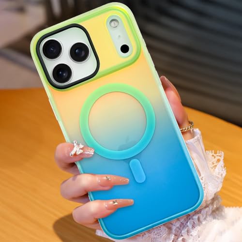 Image of AIGOMARA Magnetic Case for iPhone 17 Pro, Compatible with Magsafe, Fluorescent Iridescent Case for Women Girls, Shockproof Translucent Matte Protective Cover 6.3 Inch 2025, Green Blue