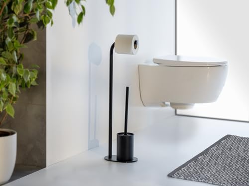 WENKO Stand WC-Garnitur Mod. Levante freistehend schwarz lackierter Stahl mit Toilettenpapierhalter und WC-Bürste 23 x 63 x 17 cm schwarz