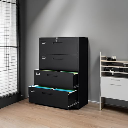Lateral File Cabinet with Lock, 4 Drawer Large Metal Filing Cabinet,Home Office Lockable Storage Cabinet for Hanging Files Letter/Legal/F4/A4 Size-Assembly Required