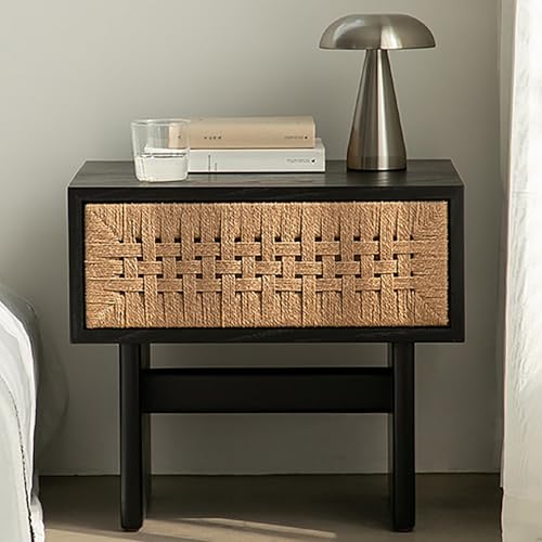 PQXQZ Rattan Nightstand with Retractable Drawer Bedside Table Solid Wood Night Stand for Bedroom Dorm and Small Spaces(Black)