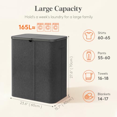 Image of Lifewit 165L 3 Section Laundry Hamper with Lid, Large Laundry Basket with Handles and Removable Bags, Tall Clothes Hamper, Foldable Laundry Sorter for Bedroom Bathroom, Dark Gray