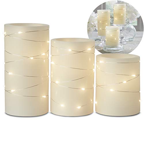 FLITI Order 3-Piece LED Candle Set with Daily Timer, Flameless Candles, Made of Real Wax, Battery Powered Electronic Candlelight, Embedded String Lights Stay Lit, Tiered Pillars