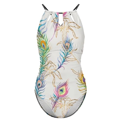 Maillots de bain une pièce gainant imprimé plumes de paon - 4