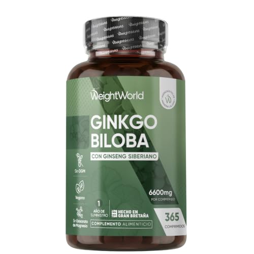 Ginkgo Biloba 6600 mg - 365 Comprimidos Veganos con Ginseng Siberiano 50:1 | Con 28 mg Flavonoides y 7,2 mg Terpenos - Suplemento de Origen Natural para 1 Año, Sin Gluten ni Estearato de Magnesio