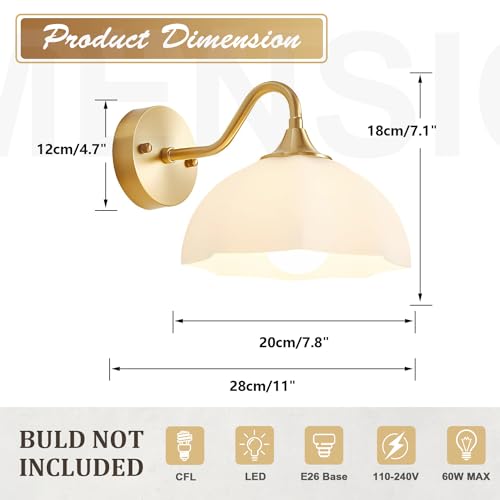 Image of Gold Wall Sconce 1-Light Modern Wall Lighting Fixture Farmhouse Vanity Sconces Lights with Milk White Glass Shade Indoor Wall Sconce Lamp Wall Mount Light Fixture for Bedroom MWL02-1A